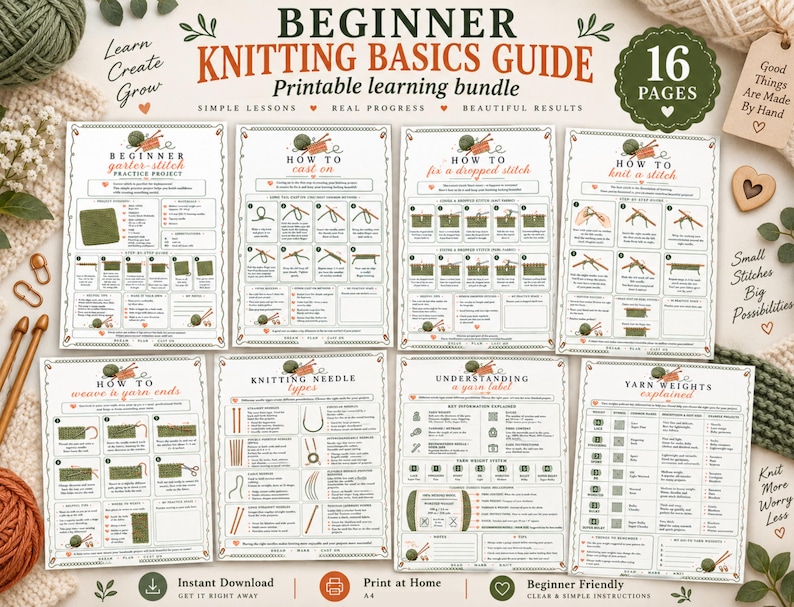 Pu&ograve; includere: Un set di 16 pagine stampabili di guida alle basi del lavoro a maglia per principianti, con fogli di istruzioni dotati di diagrammi e testo. Le pagine coprono argomenti come l'avvio, i punti, la riparazione degli errori e i tipi di filato.