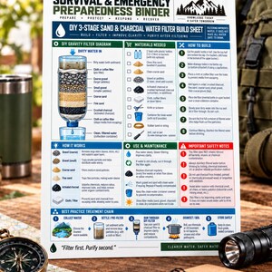 May include: A white instructional sheet titled The Ultimate Survival & Emergency Preparedness Binder featuring a DIY 3-stage sand and charcoal water filter build guide with diagrams, material lists, assembly steps, and safety notes in blue, green, and red.