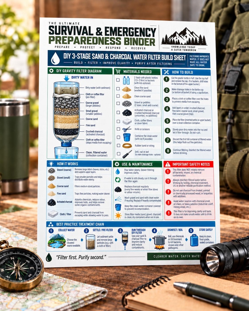 May include: A white instructional sheet titled The Ultimate Survival & Emergency Preparedness Binder featuring a DIY 3-stage sand and charcoal water filter build guide with diagrams, material lists, assembly steps, and safety notes in blue, green, and red.