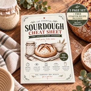 Puede incluir: Una guía de 5 páginas sobre masa madre con ilustraciones de un pan de masa madre, un frasco de masa madre y un cuenco. El texto de la portada dice The Essential Sourdough Cheat Sheet, Simple guides. Better bakes. Real sourdough. Real results.