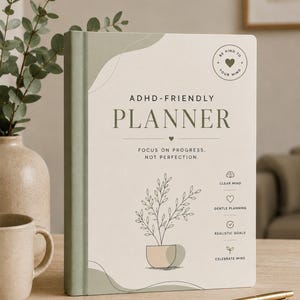 May include: A cream-coloured ADHD-friendly planner with a sage green spine. The cover features a line-art potted plant, the text "ADHD-FRIENDLY PLANNER," "FOCUS ON PROGRESS, NOT PERFECTION," and a circular "BE KIND TO YOUR MIND" emblem with icons.