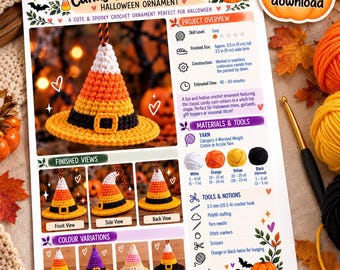 Candy Corn Witch Hat Crochet Pattern, Halloween Amigurumi Ornament (PDF)