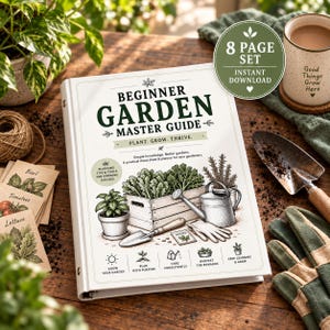 Könnte beinhalten: Ein weißer Ordner mit dem Titel Beginner Garden Master Guide und dem Untertitel Plant, Grow, Thrive. Das Cover zeigt Illustrationen einer Holzkiste mit Blattgemüse, einer Gießkanne, einer Handschaufel und Gartenhandschuhen.
