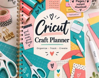May include: A spiral-bound Cricut Craft Planner with a colourful cover featuring the text Cricut Craft Planner, Organize, Track, Create, and good ideas make great things. The cover includes a 50 pages instant download badge and heart icons.