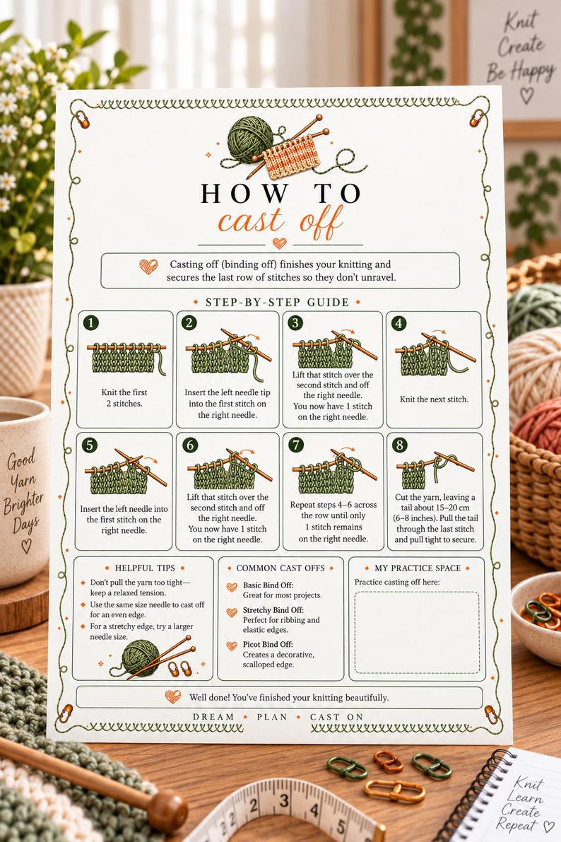 Pu&ograve; includere: Un poster didattico bianco intitolato HOW TO cast off, con otto illustrazioni numerate di tecniche di lavoro a maglia, consigli utili, metodi comuni di chiusura delle maglie e uno spazio per esercitarsi. Include lana verde e cuori decorativi.