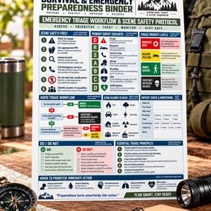 May include: A white informational sheet titled The Ultimate Survival & Emergency Preparedness Binder. It features charts for triage workflow, scene safety, and patient monitoring with color-coded sections in red, yellow, green, and black.