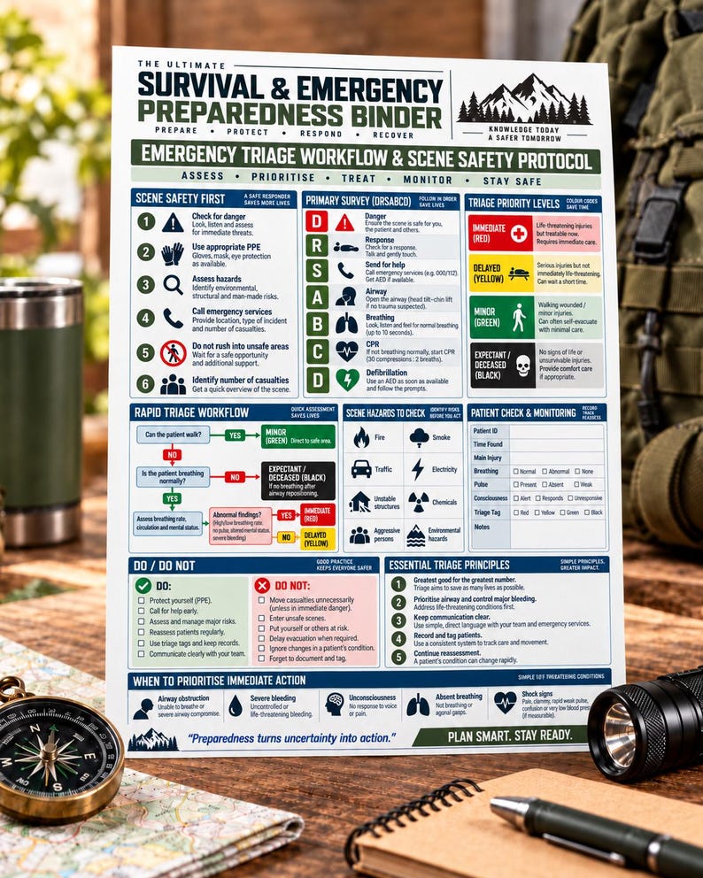 May include: A white informational sheet titled The Ultimate Survival & Emergency Preparedness Binder. It features charts for triage workflow, scene safety, and patient monitoring with color-coded sections in red, yellow, green, and black.