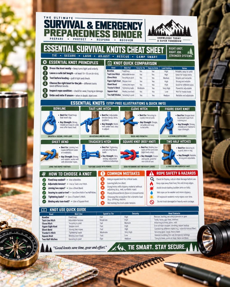 May include: A white informational sheet titled The Ultimate Survival & Emergency Preparedness Binder, featuring a detailed Essential Survival Knots Cheat Sheet with diagrams, knot principles, a quick comparison table, and safety guidelines for rope use.