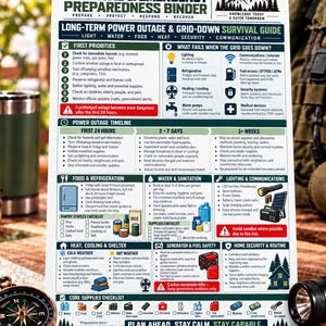 May include: A white informational poster titled The Ultimate Survival & Emergency Preparedness Binder. It features a grid-down survival guide with sections on power outage timelines, food, water, sanitation, heat, shelter, and a core supplies checklist.