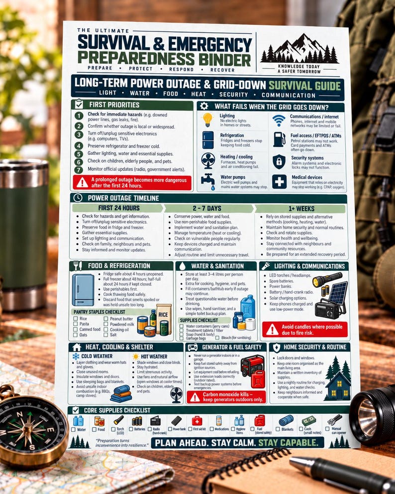 May include: A white informational poster titled The Ultimate Survival & Emergency Preparedness Binder. It features a grid-down survival guide with sections on power outage timelines, food, water, sanitation, heat, shelter, and a core supplies checklist.