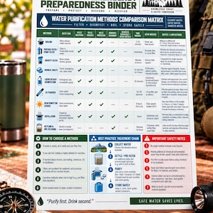 May include: A white informational sheet titled The Ultimate Survival & Emergency Preparedness Binder featuring a water purification methods comparison matrix, a how to choose a method guide, a best practice treatment chain, and safety notes.