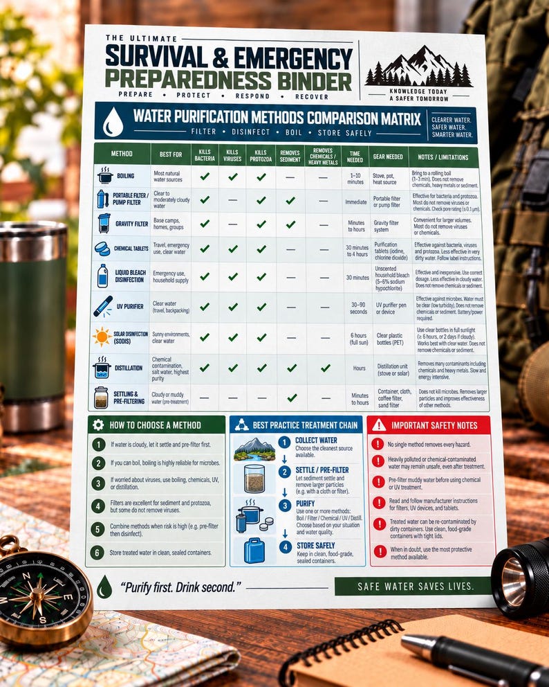 May include: A white informational sheet titled The Ultimate Survival & Emergency Preparedness Binder featuring a water purification methods comparison matrix, a how to choose a method guide, a best practice treatment chain, and safety notes.