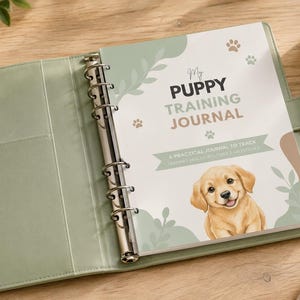Puede incluir: Una agenda de anillas en color verde salvia con una portada titulada My Puppy Training Journal. La portada incluye una ilustración de un cachorro dorado, huellas de patas y el texto A PRACTICAL JOURNAL TO TRACK TRAINING, HEALTH, ROUTINES & MILESTONES.