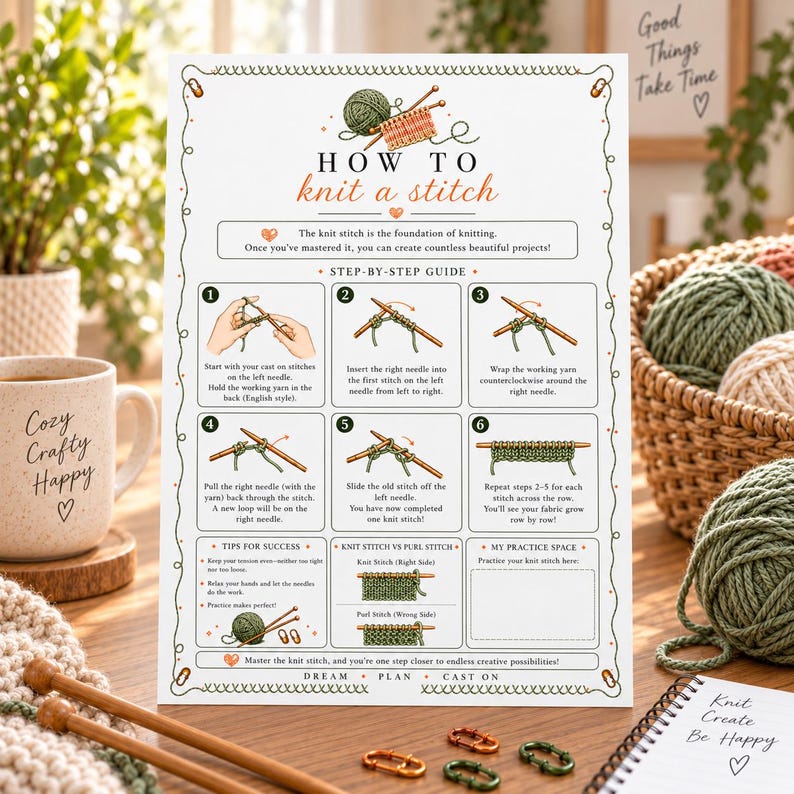 Pu&ograve; includere: Un poster didattico bianco intitolato How to knit a stitch con sei passaggi numerati, illustrazioni di ferri da maglia e filato, suggerimenti per il successo, un confronto tra punti a diritto e rovescio e uno spazio per esercitarsi.