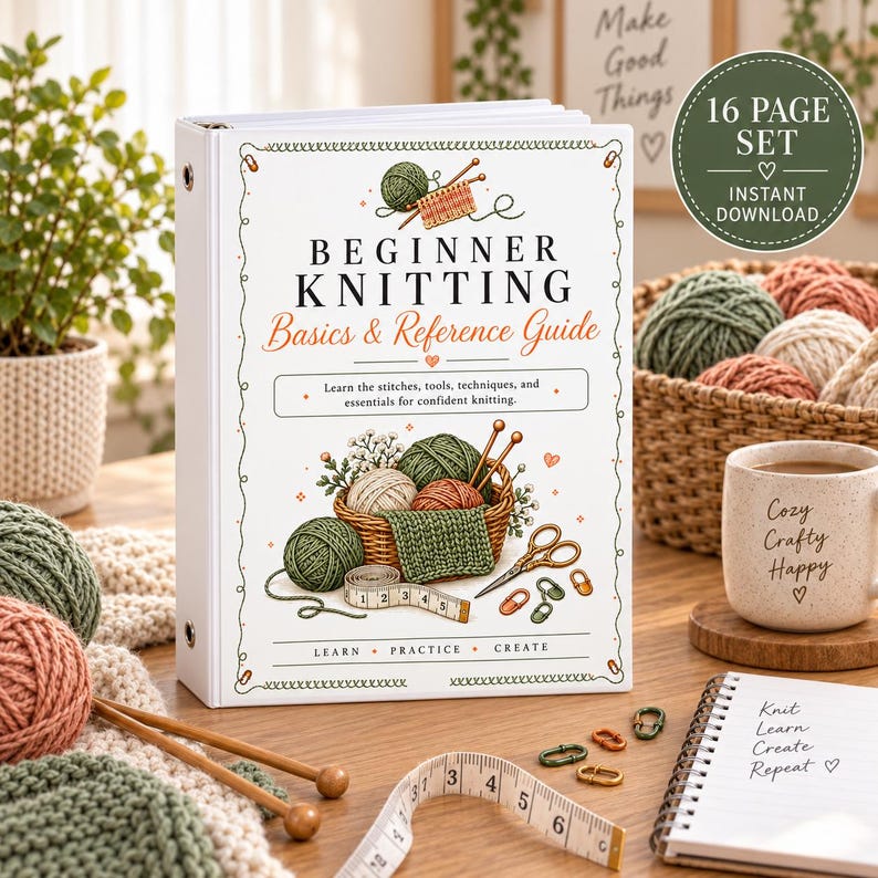Pu&ograve; includere: Un raccoglitore bianco a tre anelli intitolato Beginner Knitting Basics & Reference Guide con illustrazioni di gomitoli, ferri da maglia e forbici. La copertina include il testo Learn, Practice, Create e un metro a nastro. Set di 16 pagine scaricabile.