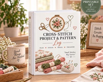 Può includere: Un raccoglitore bianco intitolato Cross-Stitch Project & Pattern Log con un telaio da ricamo floreale, forbici, rocchetti di filo e un puntaspilli sulla copertina. Il testo recita Plan, Stitch, Track, Treasure e Small Stitches Big Stories.