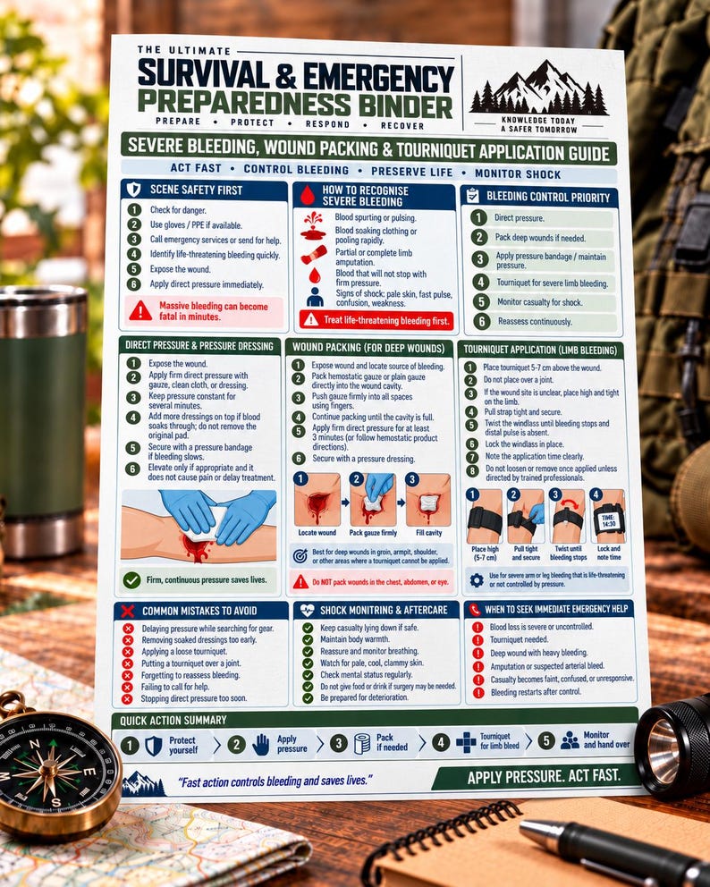 May include: A white instructional poster titled The Ultimate Survival & Emergency Preparedness Binder, featuring a guide for severe bleeding, wound packing, and tourniquet application with numbered steps, icons, and diagrams for emergency medical response.