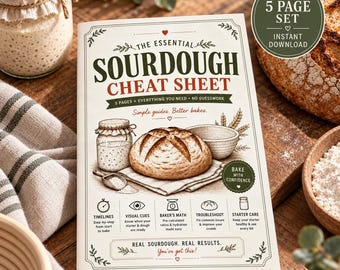 Sourdough Cheat Sheet Printable, Beginner Baker's Guide, Hydration Chart, Troubleshooting (PDF)