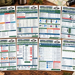 May include: A collection of eight white informational sheets titled The Ultimate Survival & Emergency Preparedness Binder. Each sheet features detailed charts, checklists, and diagrams covering topics like bug-out bags, knots, and medical protocols.