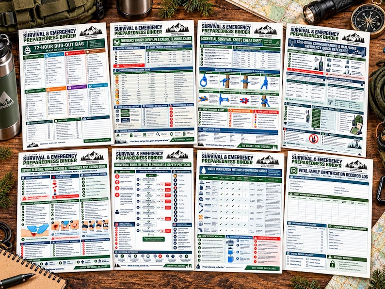 May include: A collection of eight white informational sheets titled The Ultimate Survival & Emergency Preparedness Binder. Each sheet features detailed charts, checklists, and diagrams covering topics like bug-out bags, knots, and medical protocols.