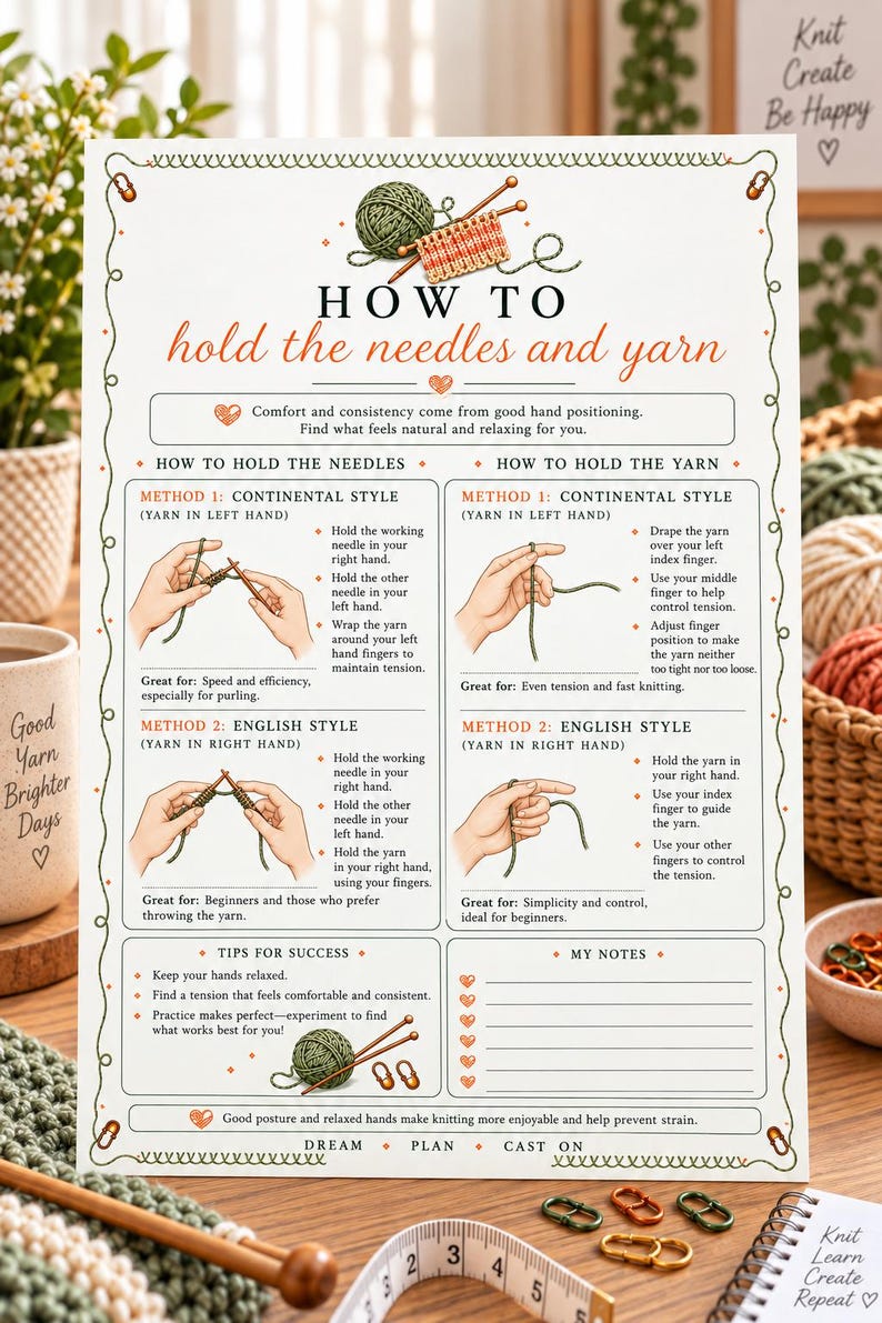 Pu&ograve; includere: Un poster didattico bianco intitolato How to hold the needles and yarn, con illustrazioni di tecniche di lavoro a maglia, stili continentale e inglese, diagrammi di posizionamento delle mani, consigli utili e spazio per appunti.