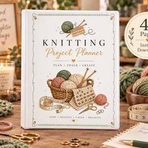 Könnte beinhalten: Ein weißer Strickprojekt-Planer-Ordner mit einer Titelillustration eines Weidenkorbs gefüllt mit Garnknäueln, Stricknadeln, einem Maßband und einer Schere. Der Text lautet Knitting Project Planner, Plan, Track, Create sowie Yarn, Needles, Gauge, Projects.