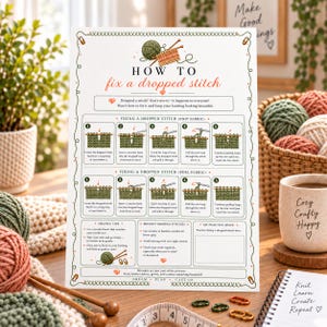 Pu&ograve; includere: Un poster didattico bianco intitolato How to fix a dropped stitch con testo verde e arancione. Presenta illustrazioni passo dopo passo per la maglia, consigli utili, una sezione sulla prevenzione e uno spazio vuoto per esercitarsi.