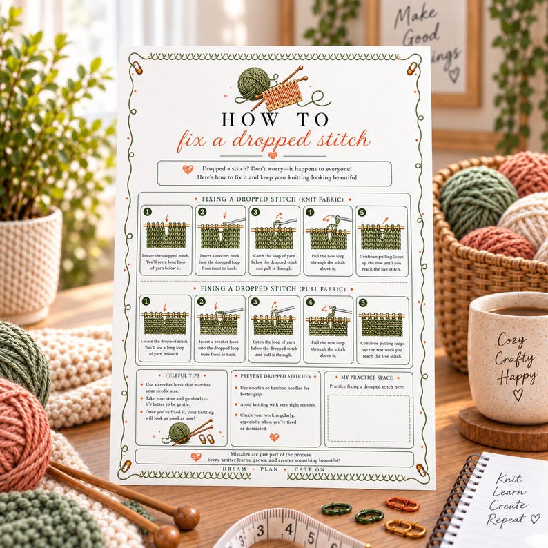 Pu&ograve; includere: Un poster didattico bianco intitolato How to fix a dropped stitch con testo verde e arancione. Presenta illustrazioni passo dopo passo per la maglia, consigli utili, una sezione sulla prevenzione e uno spazio vuoto per esercitarsi.