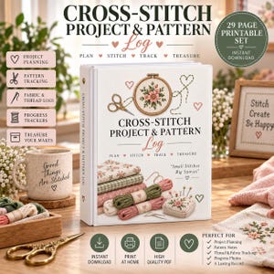 Druckbarer Kreuzstich-Projektplaner (PDF), Stickprojekt-Fortschrittsanzeige, Stickmuster-Protokoll, Stoffgrößen-Garntabelle (Ordner A4)