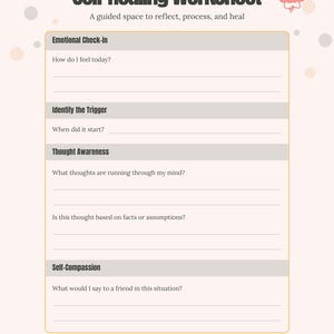 May include: A Self-Healing Worksheet with a light pink background and scattered dots. It features sections for Emotional Check-in, Identify the Trigger, Thought Awareness, and Self-Compassion, with a brain illustration and the text, I am allowed to take things one step at a time.