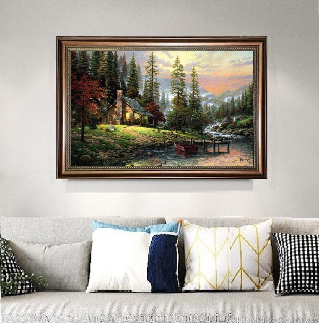 Hand Painted Landscape Oil Painting on Linen Canvas, Cabin by the Lake ...