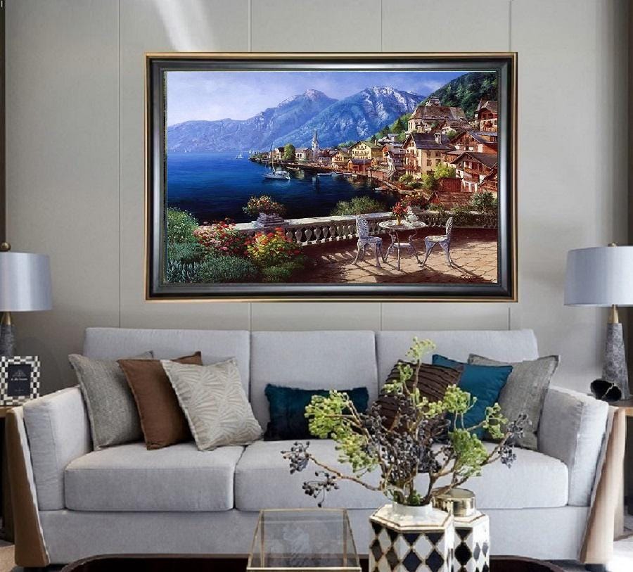 Hand Painted Landscape Oil Painting on Canvas - Scenic Lake Village Art ...