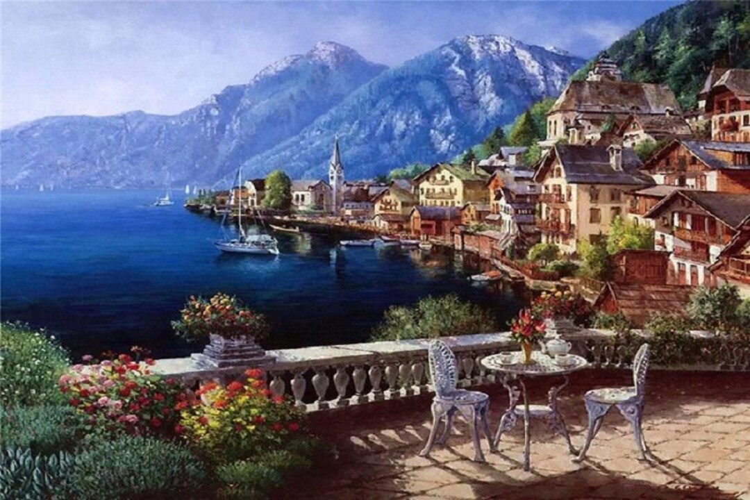 Hand Painted Landscape Oil Painting on Canvas - Scenic Lake Village Art ...