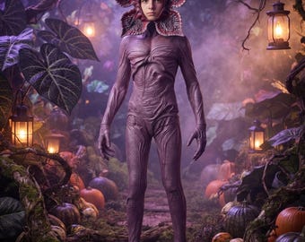 May include: A full-body costume featuring a textured, mauve-coloured skin-like suit with intricate vein-like patterns and a large, petal-shaped headpiece that frames the face, resembling a creature from a dark, enchanted forest setting.