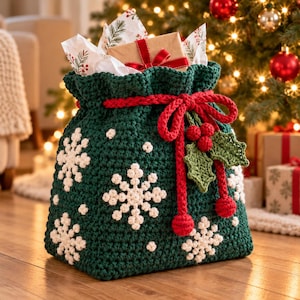 May include: A dark green crocheted gift bag featuring white snowflake patterns, a thick red drawstring cord tied in a bow, and a decorative crocheted holly sprig with red berries. The bag is filled with white tissue paper and a small gift box.