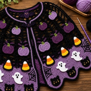 Peut inclure: Une capelette crochetée noire et violette ornée d'appliqués représentant des citrouilles violettes, des bonbons maïs orange et jaunes, des fantômes blancs et des chats noirs. Elle présente une bordure violette, une attache chauve-souris et des toiles d'araignée.