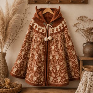 May include: A rust-coloured crochet hooded cloak featuring a cream-coloured leaf pattern throughout. The hood includes two small horn-like protrusions at the top. The garment fastens at the neck with a decorative metal clasp and two cream pom-poms.