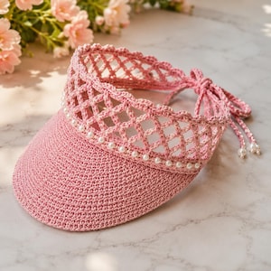 Crochet Visor Cap Pattern, Pearl Bow Sun Hat Tutorial, Diamond Lace Crochet (PDF Download)