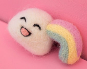 Kawaii Rainbow Cloud Felted Catnip Cat Toy | Cute Catnip-filled Needle-felted Miniature Cloud with Pastel Rainbow | Sustainable 100% Wool