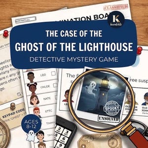 May include: A detective mystery game titled The Case of the Ghost of the Lighthouse, featuring printed clue cards, a suspect list, a magnifying glass, a compass, and a keypad code. The game materials include illustrations of a lighthouse and ghosts.
