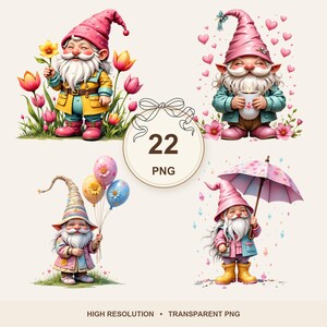 Könnte beinhalten: Eine digitale Sammlung von 22 PNG-Dateien mit Illustrationen von Gartenzwergen in verschiedenen Frühlingsumgebungen, darunter ein Zwerg mit Tulpen, ein Zwerg mit einer Tasse, ein Zwerg mit Luftballons und ein Zwerg unter einem rosa Regenschirm mit Text 22 PNG.