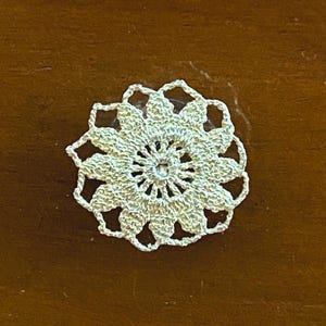 May include: A circular, off-white crochet doily or decorative appliqué featuring a detailed, radiating floral pattern with a central star-like motif and an openwork scalloped edge, showcasing intricate thread work and a textured, dimensional appearance.