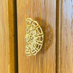 May include: A gold-coloured cabinet knob featuring a semi-circular shape with an intricate, open-work webbed or lattice pattern. The metallic hardware has a polished finish and is mounted onto a vertical wooden surface with a visible grain texture.