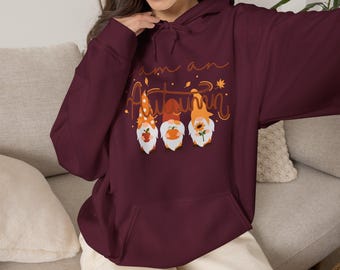 Gezellige herfsthoodie met kabouterprint, speelse trui met herfstbladeren, cadeau voor pompoenliefhebbers