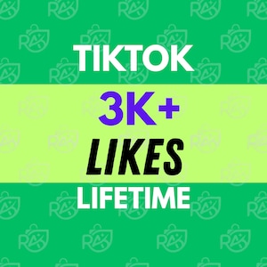 Puede incluir: Un gráfico cuadrado con fondo verde y un patrón de logotipo repetitivo. El texto dice TIKTOK en blanco, 3K+ en morado, LIKES en negro y LIFETIME en blanco, todo centrado sobre una banda horizontal de color verde claro en el centro.