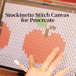 May include: A digital illustration on a tablet screen, featuring a stockinette stitch canvas design for Procreate. The design includes orange, white, green, and brown colours. The text "Stockinette Stitch Canvas for Procreate" is displayed at the top of the screen.