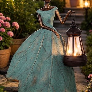 May include: A decorative figurine of a person with a bronze-toned finish wearing a long, flowing dress textured like a large teal leaf. The figure holds a dark-colored, lantern-style light fixture that emits a warm glow from within its glass panels.