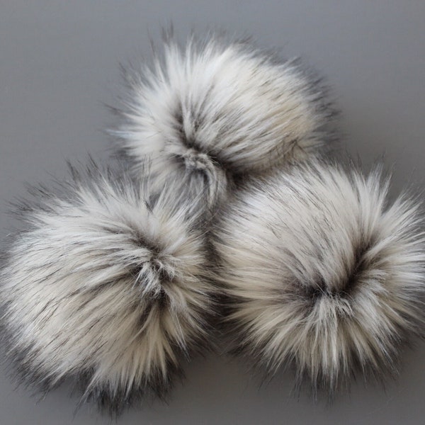 3-pack Silver Gray Fox Fur Pom Pom | Handmade Faux Fur Pom Poms | For Knit and Crochet Hats and Crafts | Large Pom Poms