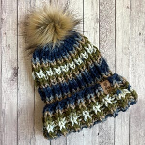 Earthy Striped Handmade Hat, Brioche Rib Beanie, Hand Knit Hat, Fur Pom Pom, Winter Hat