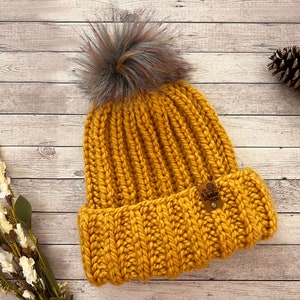Honey Mustard Knit Pom Pom Hat, Brioche Rib Beanie, Hand Knit Hat, Fur Pom Pom, Winter Hat